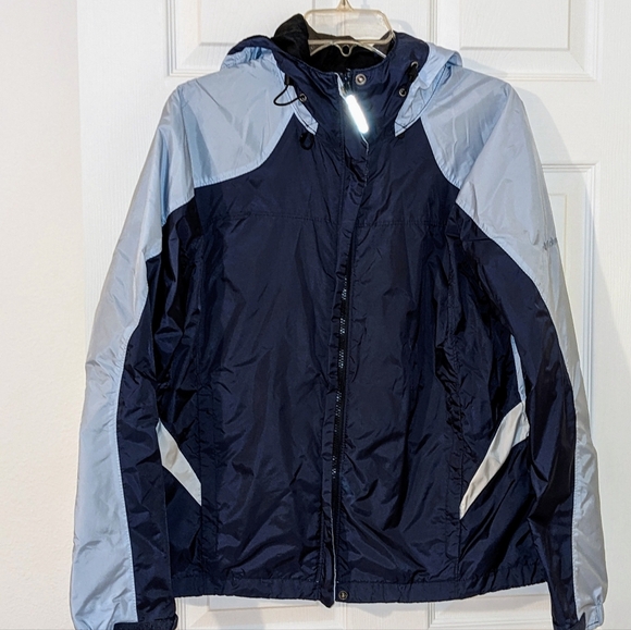 Columbia Jacket Woman Large Blue‎ Hood Fleece Pockets Waterproof Travel - Picture 1 of 11